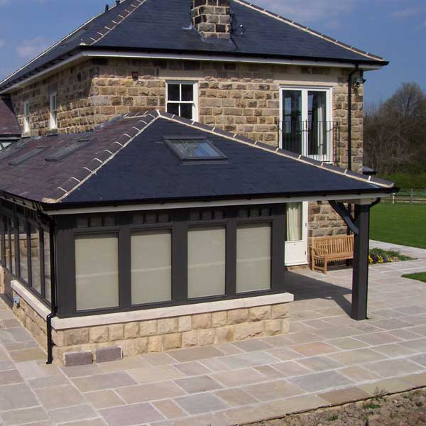 A close up of the large black conservatory